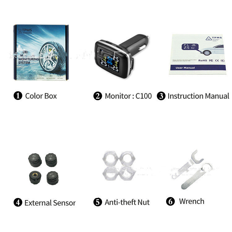 Tire Pressure Monitoring System with Sensors – USB & Cigarette Lighter Port, Auto Security Alarm