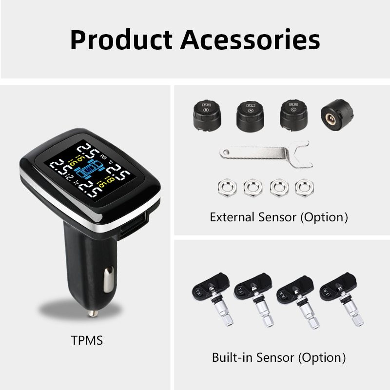 Tire Pressure Monitoring System with Sensors – USB & Cigarette Lighter Port, Auto Security Alarm