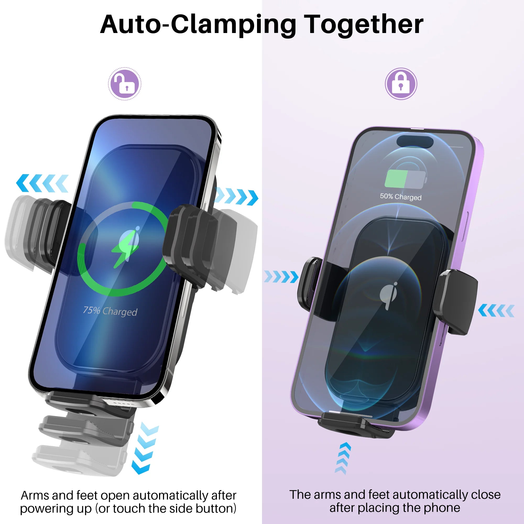 Wireless Charging Car Charger Mount, Fast Auto Clamping Car Charger Phone Holder for Iphone, Samsung, All Smartphones